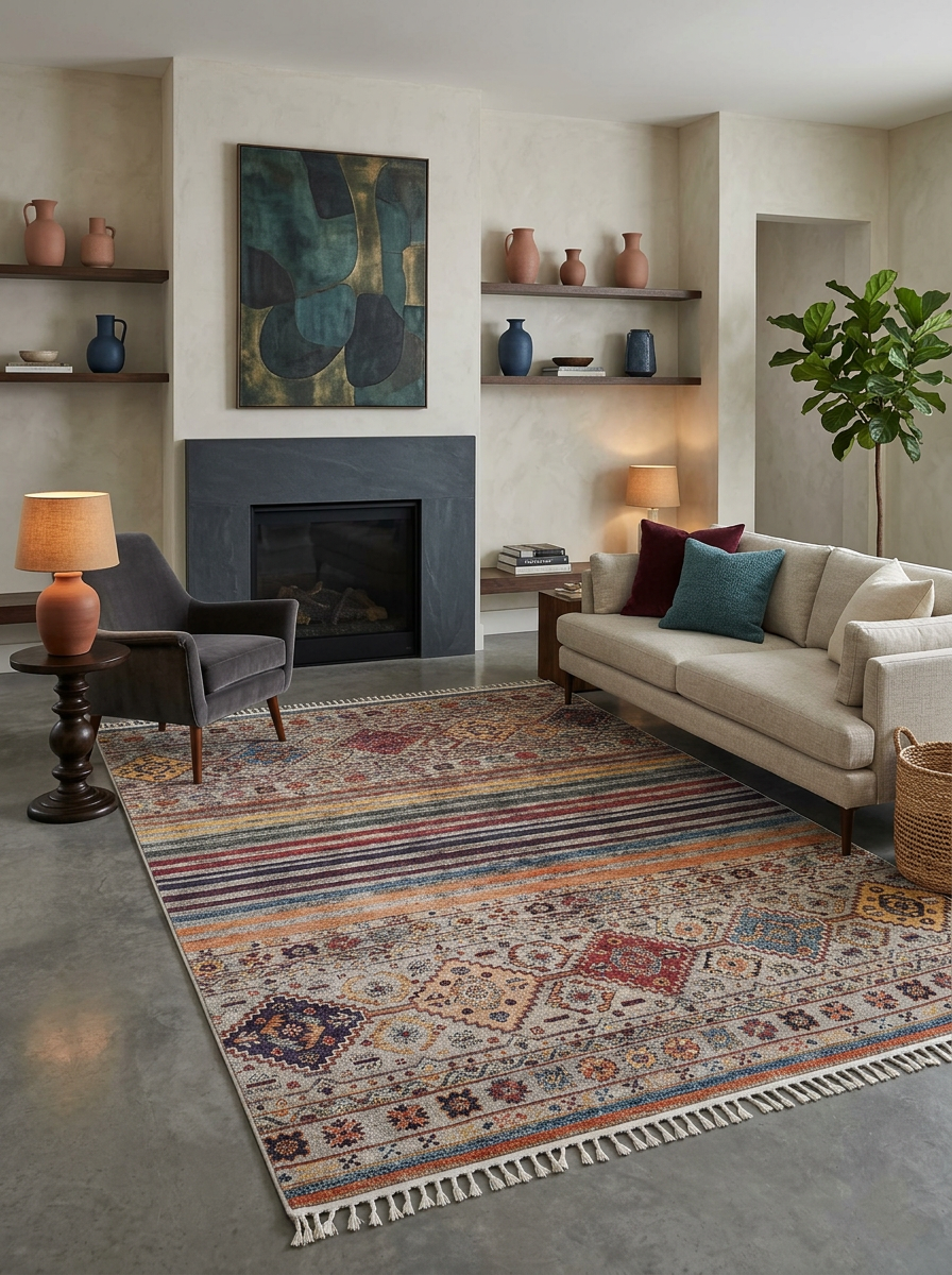 A modern living room with the Bohemian Bouquet - Washable Rug - JR5090, a beige sofa, dark armchair, round side table with a lamp, black fireplace, abstract art, shelves with vases, and a tall potted plant—ideal for high-traffic areas.