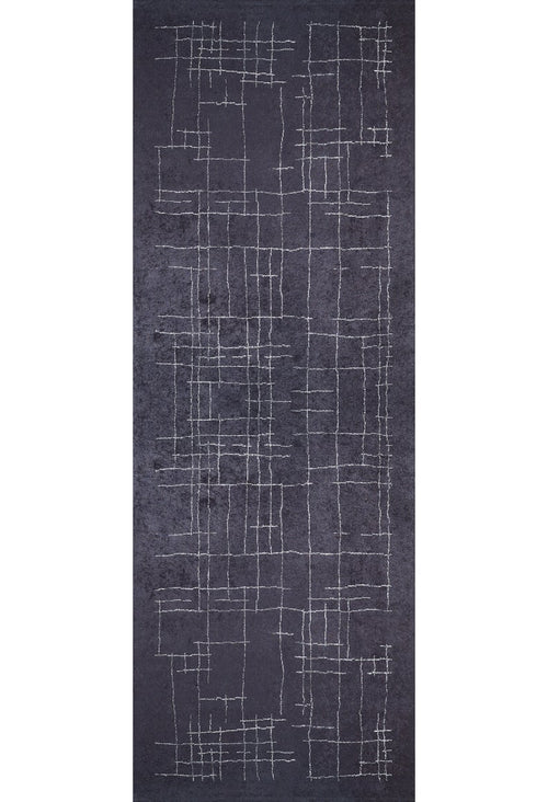 Load image 1 in gallery view. The Bohemian Illusion - Washable Rug - JR1953 is a rectangular, flat weave rug in dark gray with an abstract white crisscross pattern that forms an irregular grid.