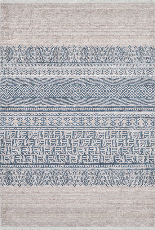 Load image 1 in gallery view. The Bohemian Nights - Washable Rug - JR1585 features horizontal bands of blue geometric and swirl designs on a light beige background. Its easy-care, washable material is perfect for high-traffic areas, while decorative borders bring added charm.