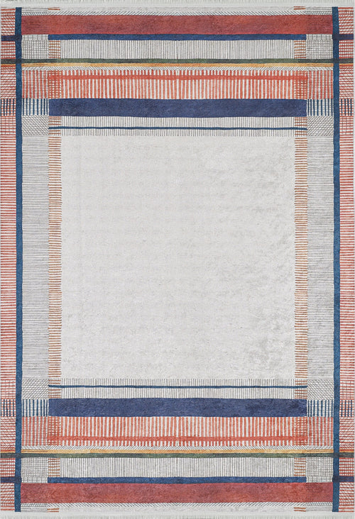 Load image 1 in gallery view. The Bohemian Nightscape - Washable Rug - JR1701 (Custom Size) features a minimalist rectangular design with a white center and navy blue, red, and light gray striped border—perfect for high-traffic areas.