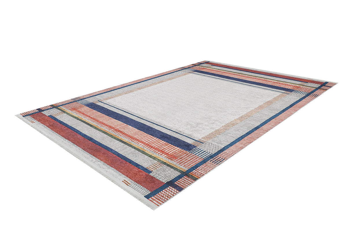 The Bohemian Nightscape - Washable Rug - JR1701 (Custom Size) features a light gray center with red, blue, orange, and black geometric borders of stripes, lines, and checks. Durable and washable—ideal for high-traffic spaces.
