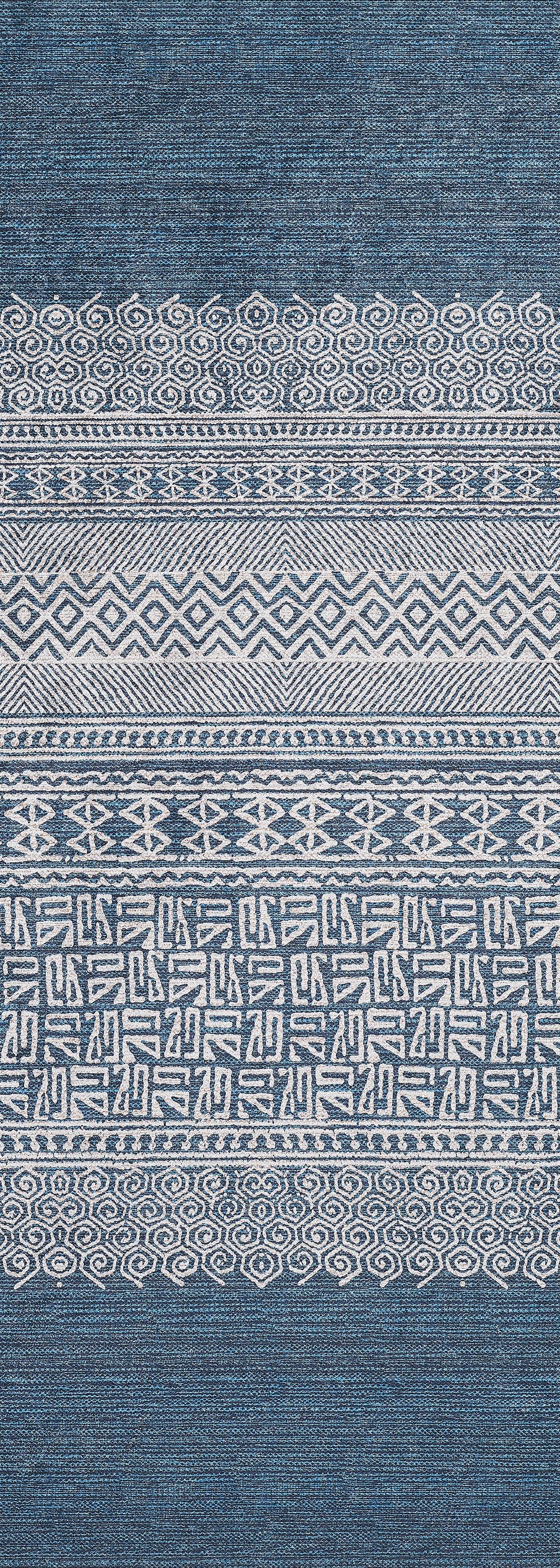The Bohemian Retreat - Washable Rug - JR1589 features blue and white intricate geometric and abstract motifs in a durable, decorative woven design, ideal for high-traffic areas and easy to keep clean.