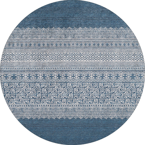 Load image 1 in gallery view. The Bohemian Retreat - Washable Rug - JR1589 is a round blue rug with white geometric and tribal-inspired patterns on a textured background, ideal for high-traffic spaces and easy to clean.