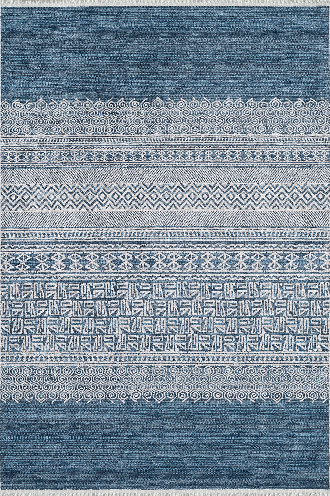 The Bohemian Retreat - Washable Rug - JR1589 (Custom Size) features blue and white geometric and swirl patterns in horizontal bands. With repeating motifs and a textured look, this rug is ideal for high-traffic areas and easy to clean.