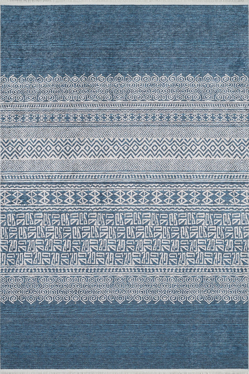 Load image 1 in gallery view. The Bohemian Retreat - Washable Rug - JR1589 (Custom Size) features blue and white geometric and swirl patterns in horizontal bands. With repeating motifs and a textured look, this rug is ideal for high-traffic areas and easy to clean.