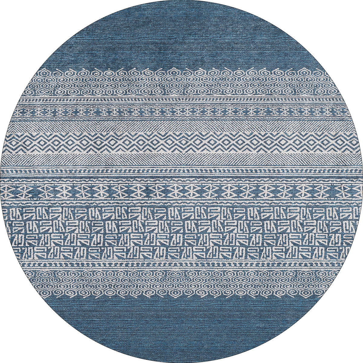 The Bohemian Retreat - Washable Rug - JR1589 features a round blue design with white geometric, swirl, and tribal-inspired patterns in horizontal bands—ideal for high-traffic areas and available in custom sizes.