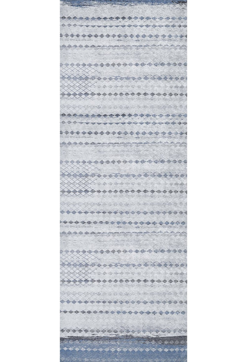 Bild 1 in Galerieansicht laden. The Bohemian Reverie - Washable Rug (JR1974) features a rectangular design with horizontal rows of small diamonds and geometric patterns in blue and gray-anthracite on a light background—ideal for high-traffic spaces.