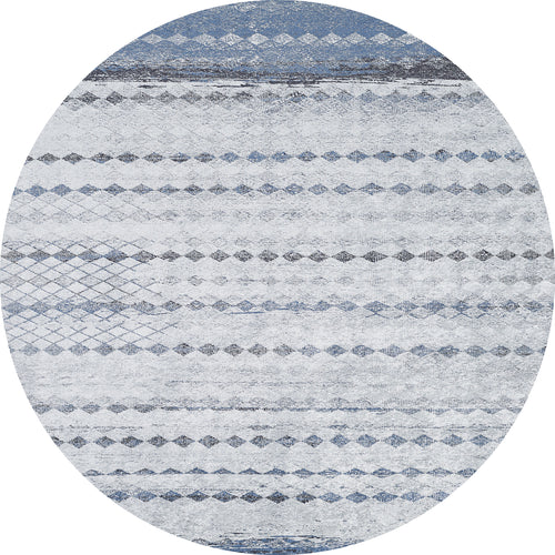 Bild 1 in Galerieansicht laden. The Bohemian Reverie - Washable Rug - JR1974 features a circular shape with horizontal stripes and diamond patterns in blue and gray on white. This geometric, modern rug is ideal for high-traffic areas and easy to clean.
