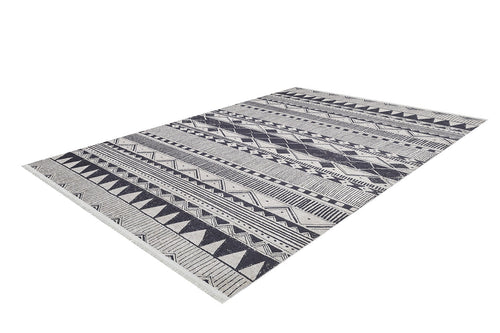 Load image 1 in gallery view. The Bohemian Sunrise - Washable Rug - JR1713 (Custom Size) features a rectangular gray-anthracite design with geometric black and white patterns—triangles, diamonds, and zigzags—on a light background, perfect for high-traffic areas.