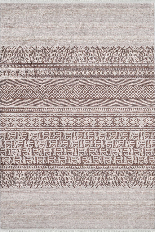 Load image 1 in gallery view. The Bohemian Treasure - Washable Rug - JR1586 (Custom Size) features beige and brown geometric, tribal patterns with swirls, zigzags, and diamonds. Its rectangular, washable design is perfect for high-traffic areas and adds textured style to any space.