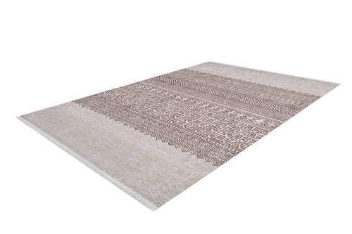 Load image 1 in gallery view. The Bohemian Treasure - Washable Rug - JR1586 (Custom Size) showcases geometric and linear patterns in brown and beige on a white background, making it ideal for high-traffic areas.