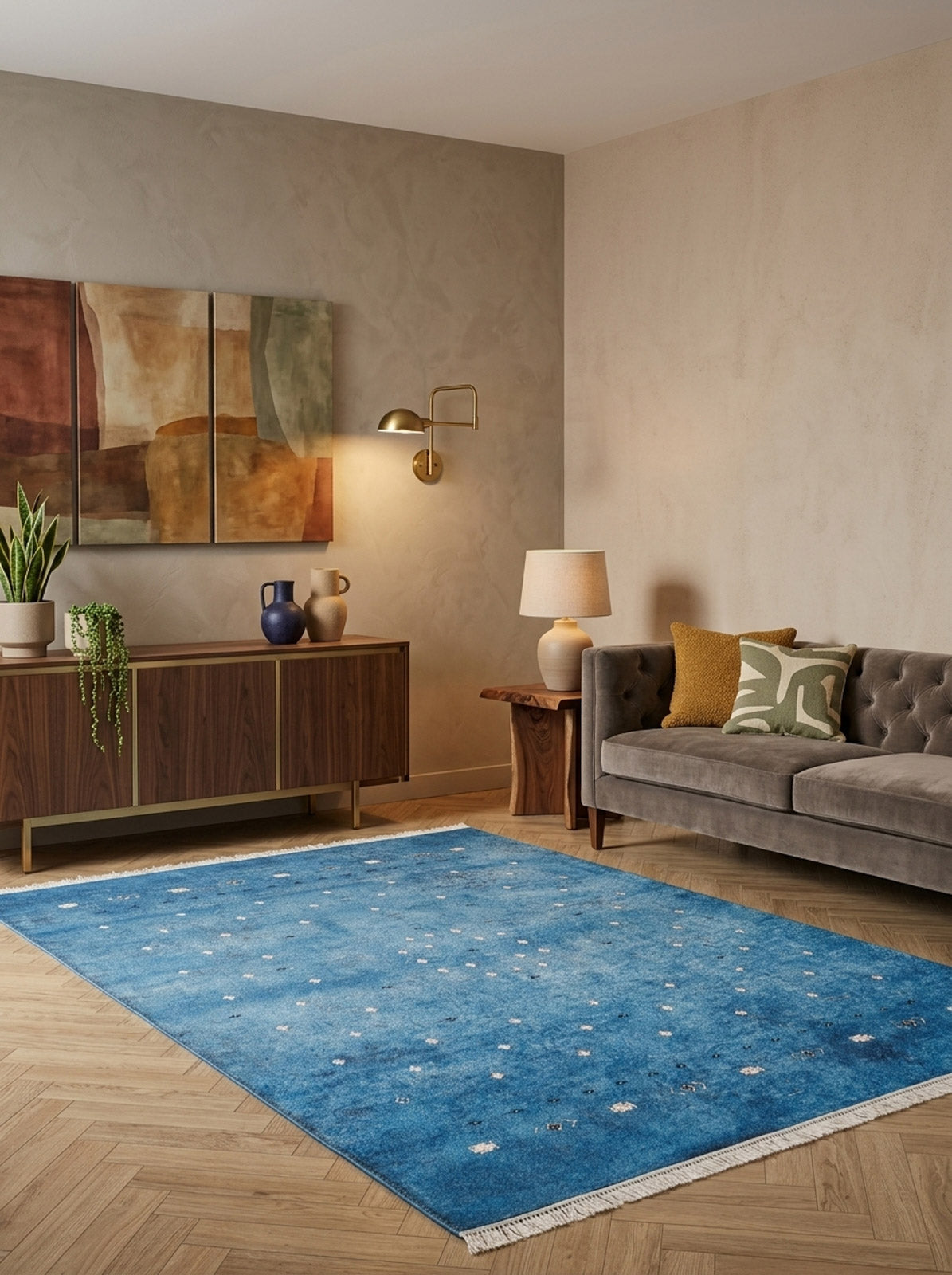 A modern living room with the Bohemian Whirlwind - Washable Rug - JR1989 in blue for high-traffic areas, a gray tufted sofa with patterned cushions, a wooden sideboard with plants and vases, abstract wall art, and wooden tables with lamps.