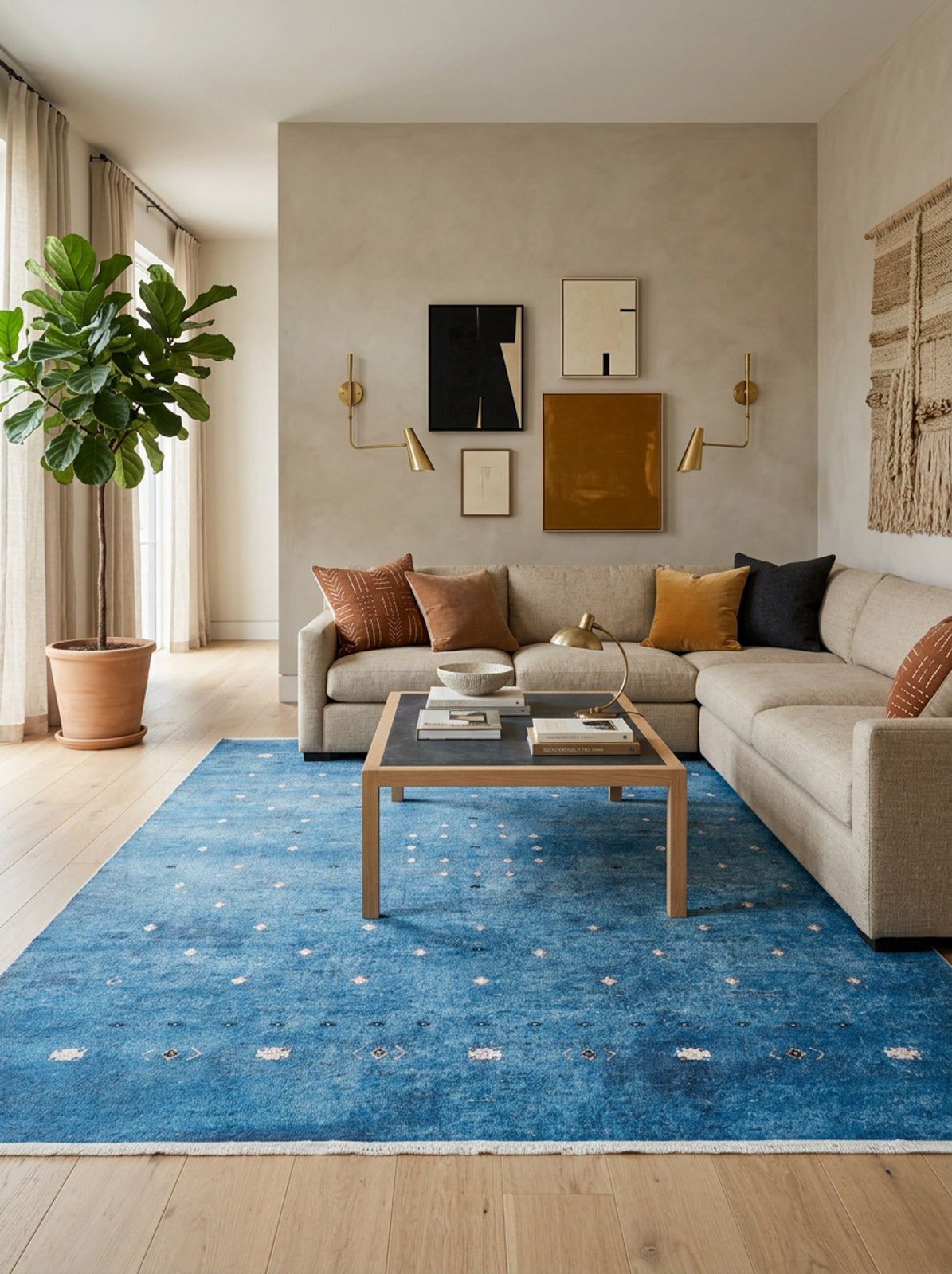 A modern living room with a beige sectional sofa, brown and orange cushions, the Bohemian Whirlwind - Washable Rug - JR1989 perfect for high-traffic areas, a wooden coffee table with books, wall art, gold sconces, a potted plant, and light wood floors.