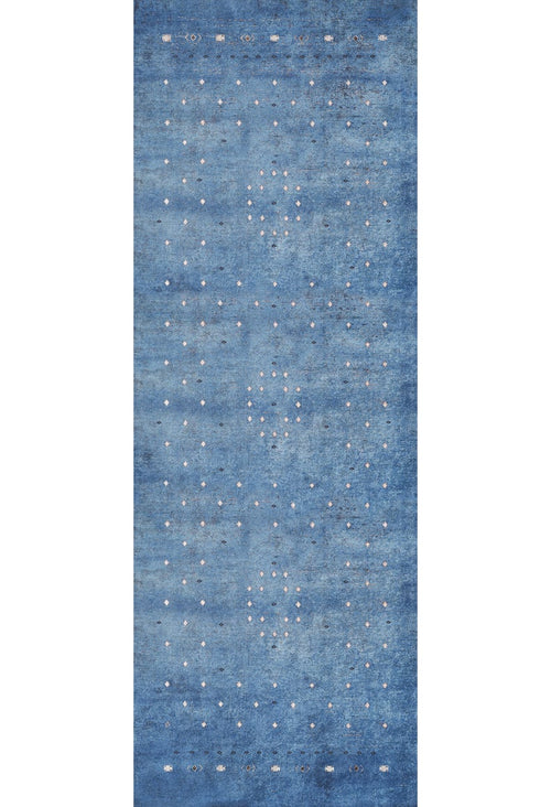 Load image 1 in gallery view. The Bohemian Whirlwind - Washable Rug - JR1989 (Outlet) US is a rectangular blue flat weave rug with a subtle gradient and rows of small white and light pink dots in geometric patterns.