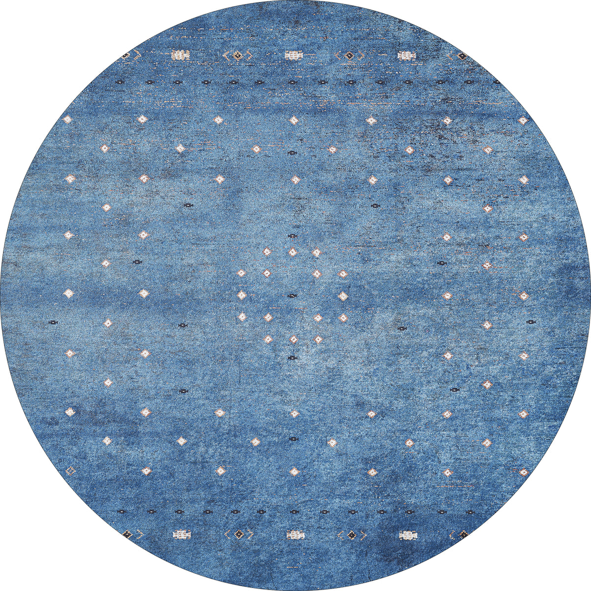 The Bohemian Whirlwind - Washable Rug - JR1989 is a round blue rug with a textured look and white and black geometric diamond patterns, ideal for high-traffic areas and easy to clean.