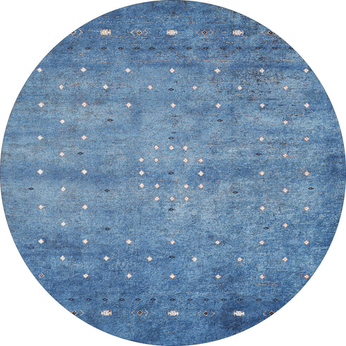 Load image 1 in gallery view. The Bohemian Whirlwind - Washable Rug - JR1989 is a round blue rug with a textured look and white and black geometric diamond patterns, ideal for high-traffic areas and easy to clean.