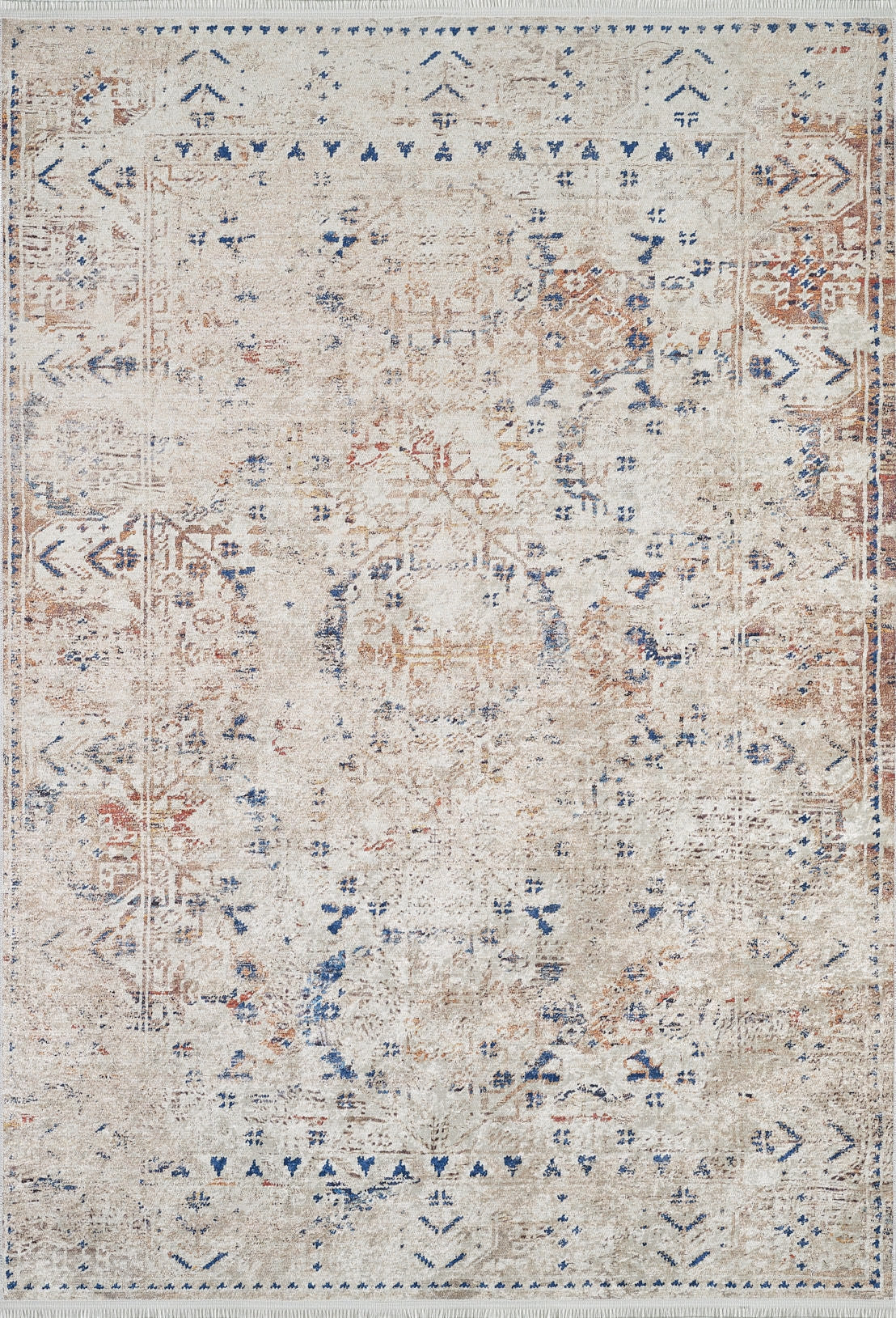 The Boho Babe - Washable Rug - JR1664 (Custom Size) features a distressed vintage pattern in faded beige, blue, and rust with subtle geometric and floral motifs—perfect for high-traffic areas.