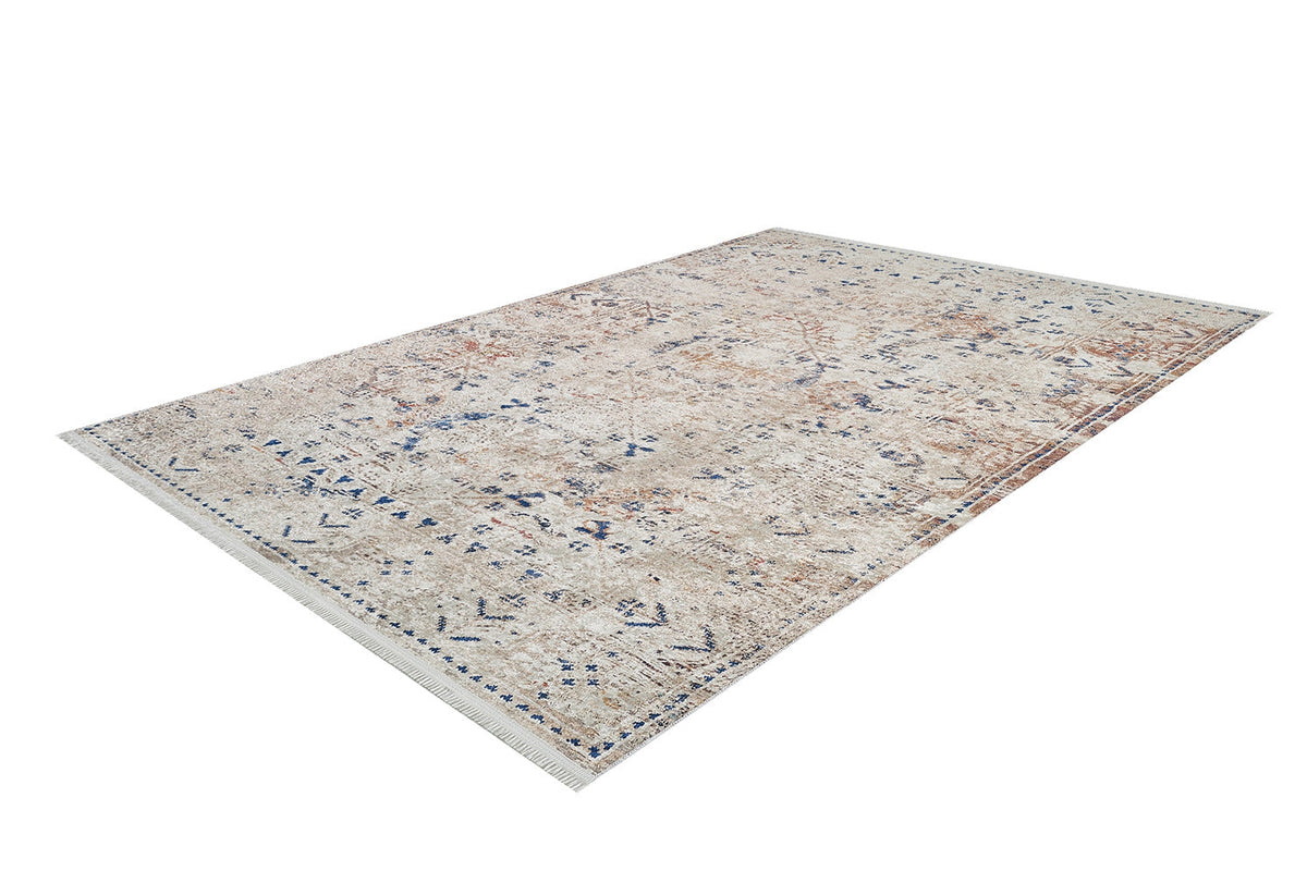The Boho Babe - Washable Rug - JR1664 (Custom Size) is a large, rectangular rug in cream and beige with a distressed vintage look, geometric and floral designs, short-edge fringe, and is perfect for high-traffic areas.