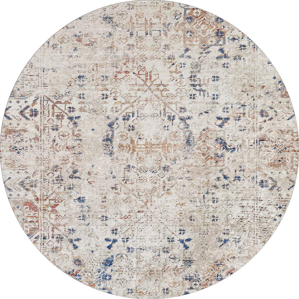 The Boho Babe - Washable Rug - JR1664 (Custom Size) features a distressed, vintage-inspired round design in beige, brown, and blue. Its washable material is perfect for high-traffic spaces and complements any cream and beige rug collection.