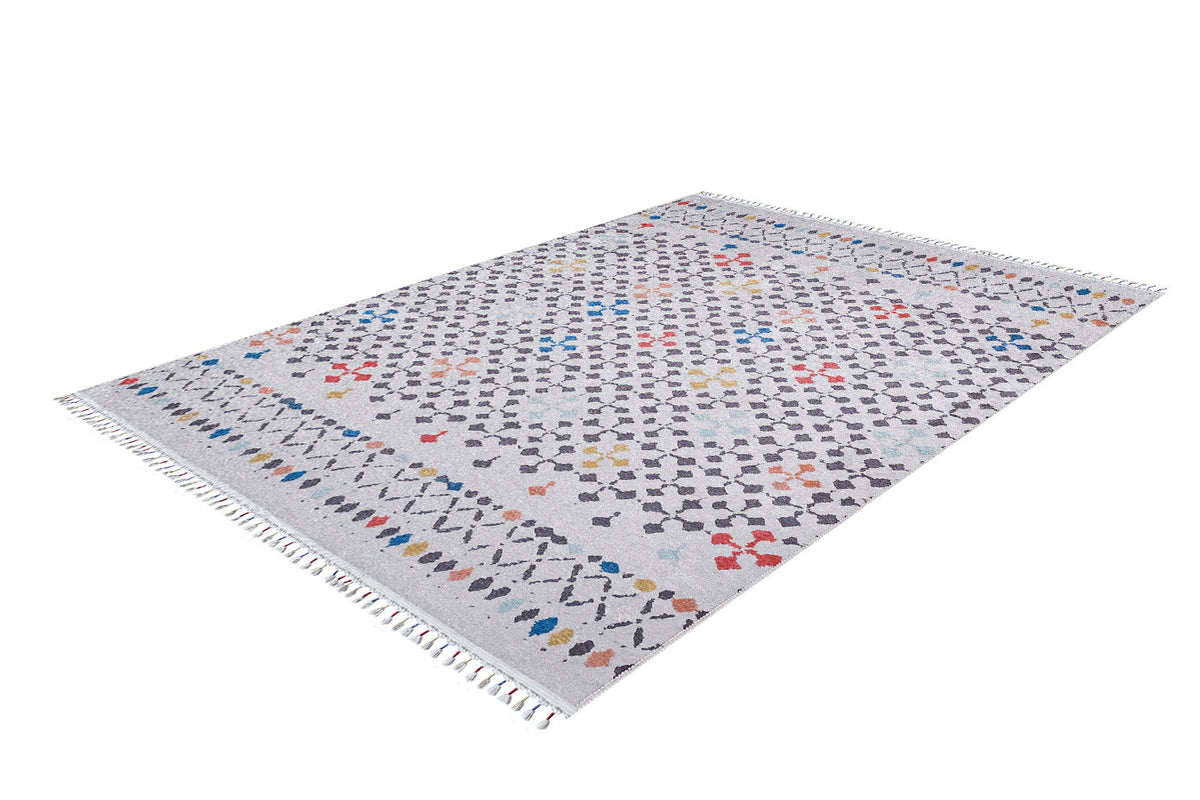 The Boho Breeze - Machine-Washable Rug - JR5011 (Custom Size) features a rectangular light gray-anthracite base, multicolored abstract and geometric patterns, and fringed edges—ideal for high-traffic spaces and easy to clean.