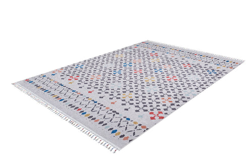 Load image 1 in gallery view. The Boho Breeze - Machine-Washable Rug - JR5011 (Custom Size) features a rectangular light gray-anthracite base, multicolored abstract and geometric patterns, and fringed edges—ideal for high-traffic spaces and easy to clean.