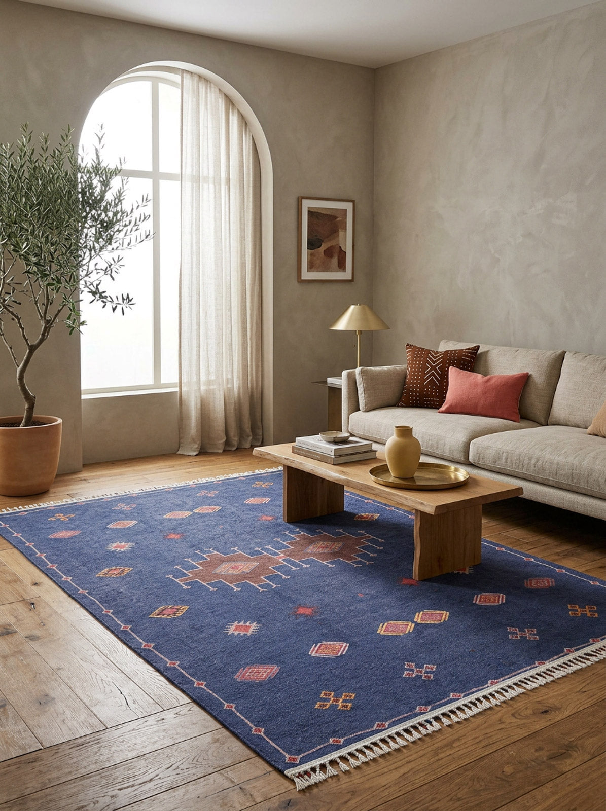 A cozy living room with a beige sofa, colorful cushions, a wooden coffee table, the Boho Chic Tapestry - Washable Rug - JR5083 in blue, a potted plant by an arched window with sheer curtains, and neutral-toned walls.