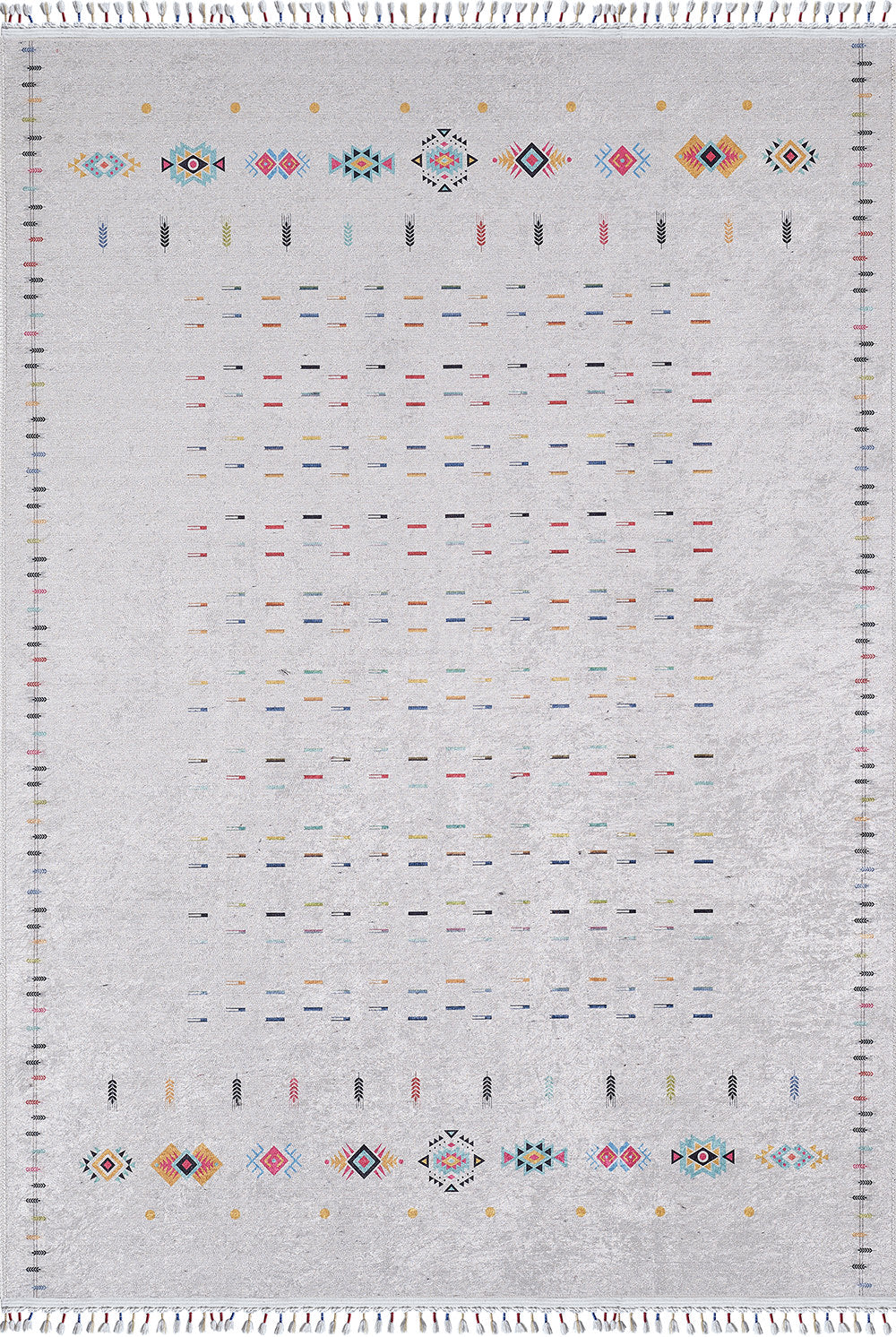 The Boho Chic - Washable Rug - JR5103 (Custom Size) features a rectangular, light gray flat weave with colorful geometric rows, larger edge motifs, and fringed borders—perfect for high-traffic spaces.