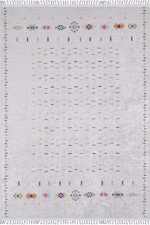 Load image 1 in gallery view. The Boho Chic - Washable Rug - JR5103 (Custom Size) features a rectangular, light gray flat weave with colorful geometric rows, larger edge motifs, and fringed borders—perfect for high-traffic spaces.
