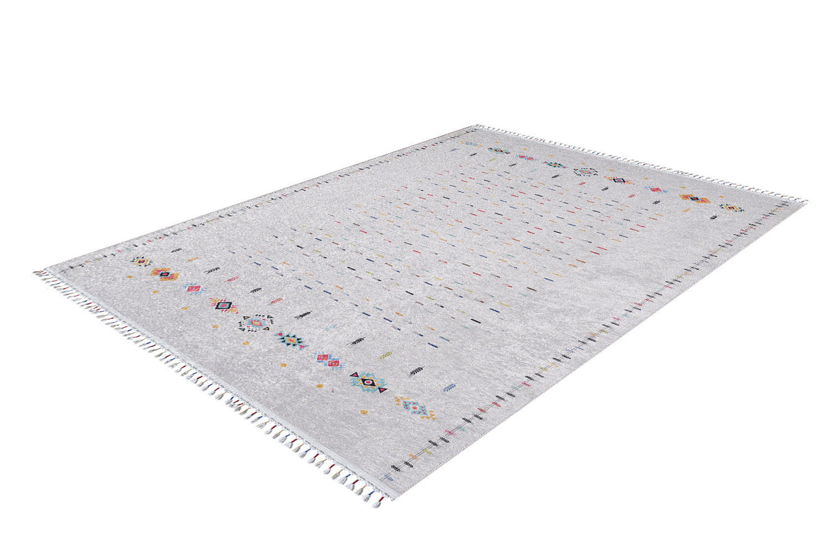 The Boho Chic Washable Rug - JR5103 (Custom Size) is a rectangular, light gray flat weave rug with small colorful geometric patterns and fringe on the short edges—durable, easy to maintain, and perfect for high-traffic areas. Shown on a white background.