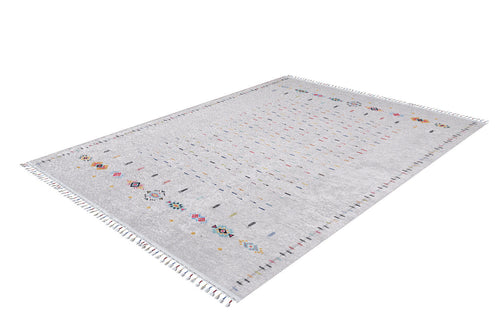 Load image 1 in gallery view. The Boho Chic Washable Rug - JR5103 (Custom Size) is a rectangular, light gray flat weave rug with small colorful geometric patterns and fringe on the short edges—durable, easy to maintain, and perfect for high-traffic areas. Shown on a white background.