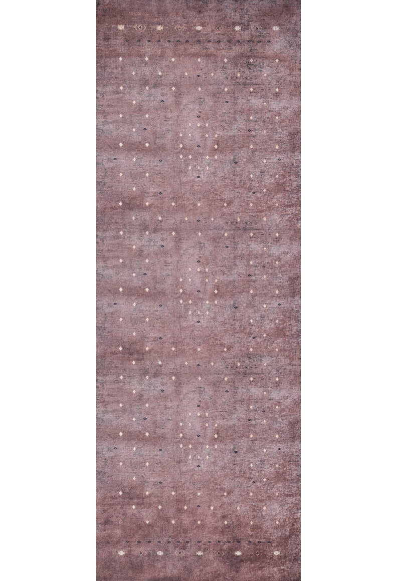 The Boho Magic - Washable Rug - JR1993 features a rectangular, washable design with a faded purple and mauve background, accented by white and gray dots plus geometric shapes—perfect for allergy-sensitive homes.