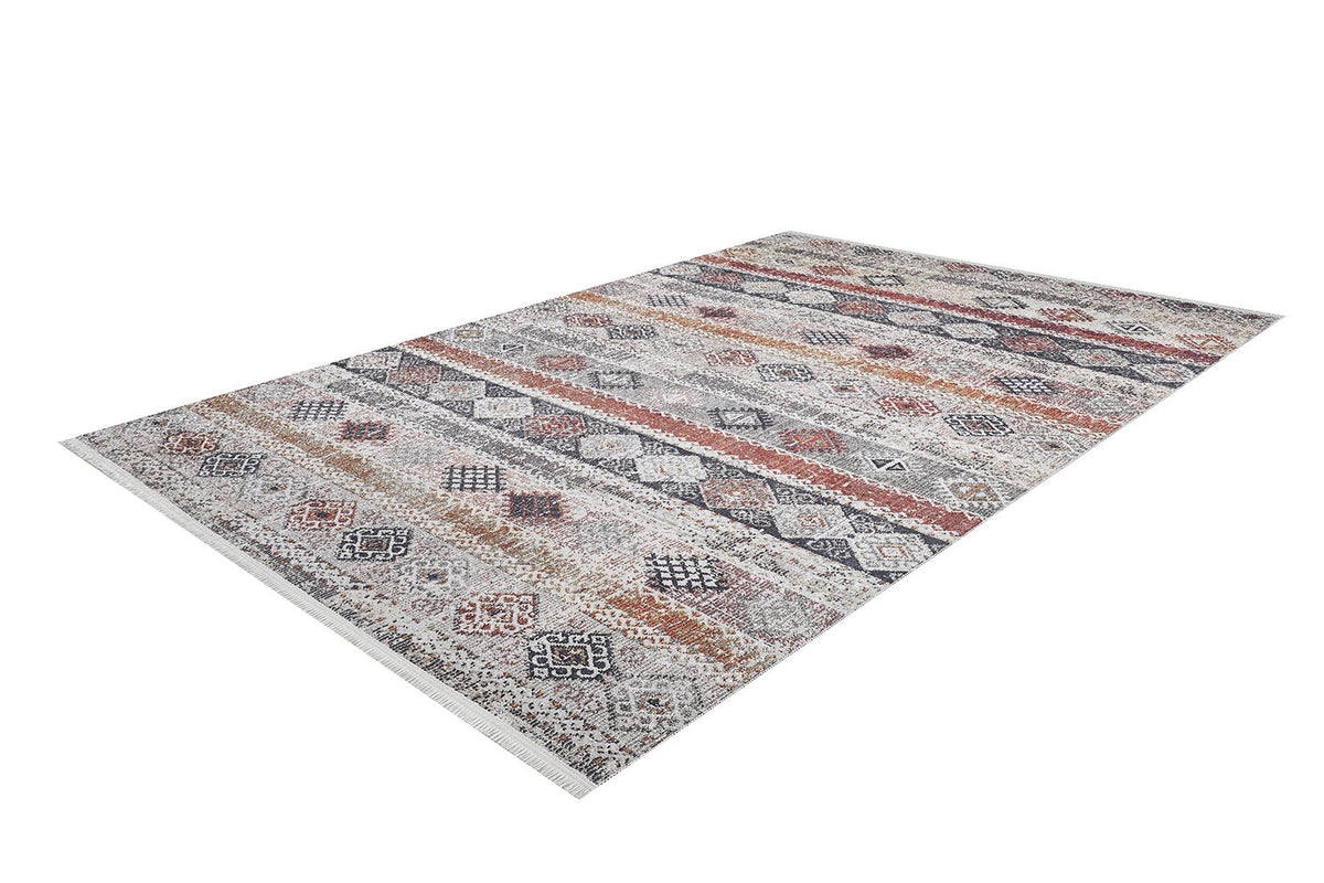 The Boho Oasis - Washable Rug - JR1618 (Custom Size) features a geometric and tribal-inspired pattern in gray, rust, beige, and black with intricate horizontal bands—ideal for high-traffic areas.