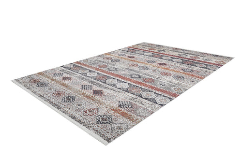 Load image 1 in gallery view. The Boho Oasis - Washable Rug - JR1618 (Custom Size) features a geometric and tribal-inspired pattern in gray, rust, beige, and black with intricate horizontal bands—ideal for high-traffic areas.