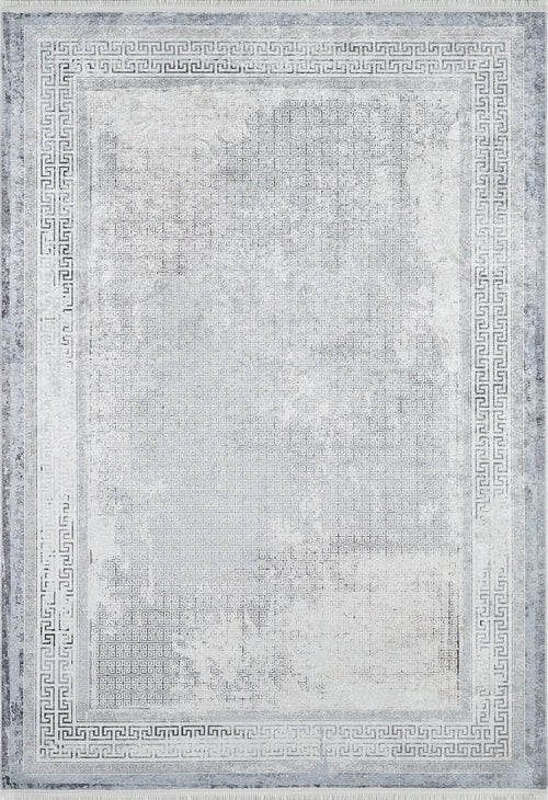 Load image 1 in gallery view. The Bold Borderline - Washable Rug - JR1984 (Custom Size) features a faded light gray and white geometric checkerboard center, a Greek key border, and is perfect for high-traffic areas thanks to its washable design.