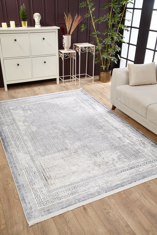 Load image 1 in gallery view. The Bold Borderline - Washable Rug - JR1984 (Custom Size) in light gray-anthracite complements wood floors and modern living rooms, pairing perfectly with white cabinets, plants, beige sofas, and is ideal for high-traffic spaces.