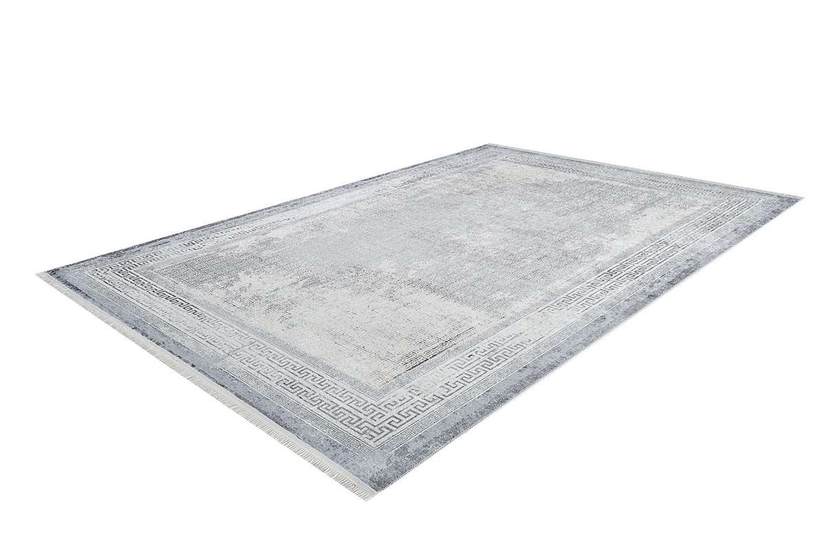 The Bold Borderline - Washable Rug - JR1984 (Custom Size) is a large, rectangular gray-anthracite rug with a subtle Greek key border, perfect for high-traffic areas and easy to clean, shown on a white background.
