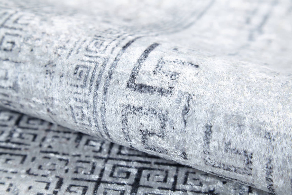 Close-up of the Bold Borderline - Washable Rug - JR1984 (Custom Size) in gray-anthracite, showcasing its soft texture and repeating Greek key pattern—perfect for high-traffic areas and easy to clean.