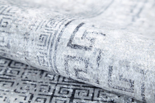 Load image 1 in gallery view. Close-up of the Bold Borderline - Washable Rug - JR1984 (Custom Size) in gray-anthracite, showcasing its soft texture and repeating Greek key pattern—perfect for high-traffic areas and easy to clean.