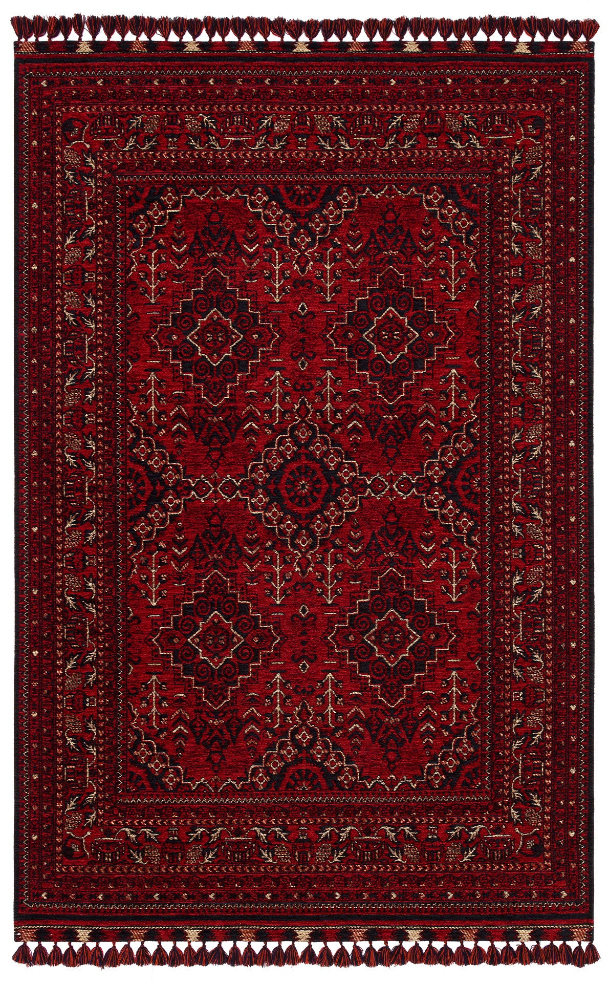Bold Thread - Kilim - BHR05 is a red Persian-style chenille-polyester rug with intricate geometric patterns, symmetrical motifs, and decorative borders in black, gold, and cream, inspired by traditional Turkish design.