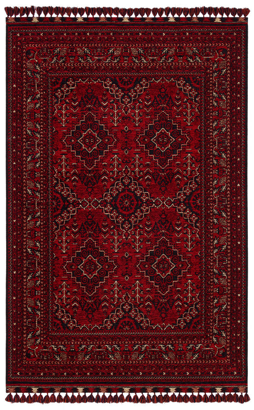 Load image 1 in gallery view. Bold Thread - Kilim - BHR05 is a red Persian-style chenille-polyester rug with intricate geometric patterns, symmetrical motifs, and decorative borders in black, gold, and cream, inspired by traditional Turkish design.