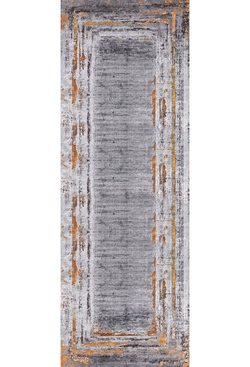 Load image 1 in gallery view. The Bold and Chic - Washable Rug - JR1198 features a rectangular flat weave with a distressed gray background and abstract geometric border patterns in orange, gold, and white—ideal for allergy-sensitive spaces thanks to its modern, textured look.