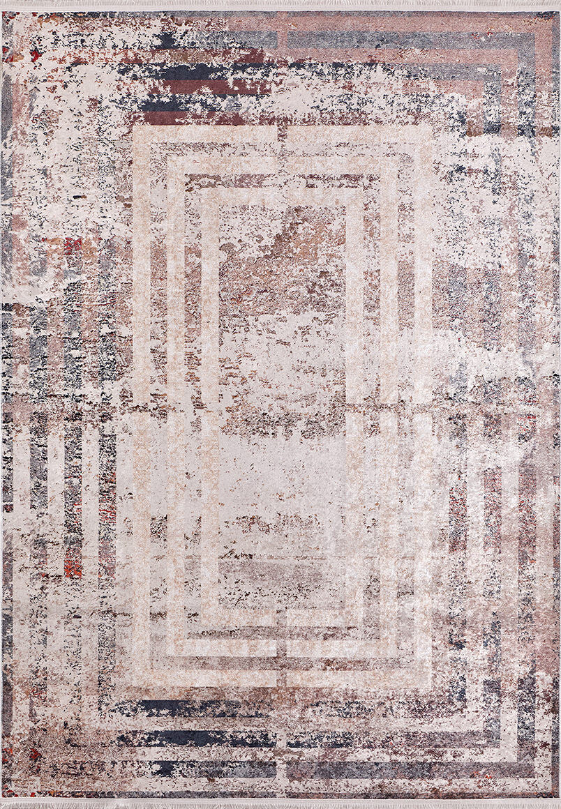 The Bold and Geometric - Washable Rug - JR1410 (Custom Size) showcases an abstract, distressed look with overlapping rectangles in beige, cream, brown, and bronze—a vintage-style, washable rug ideal for high-traffic spaces.