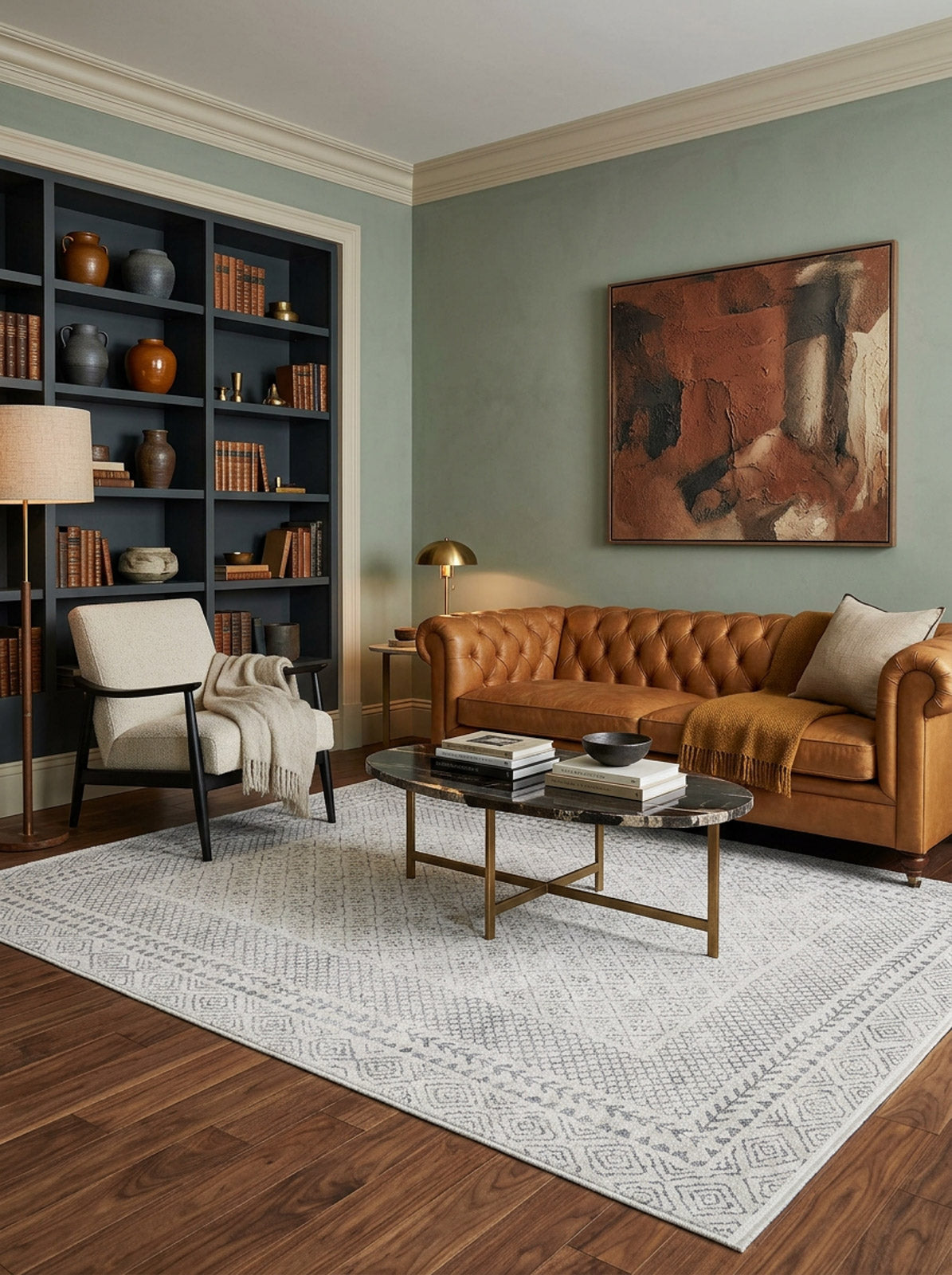 Light grey rug with a white geometric diamond and border pattern, styled in a traditional living room.