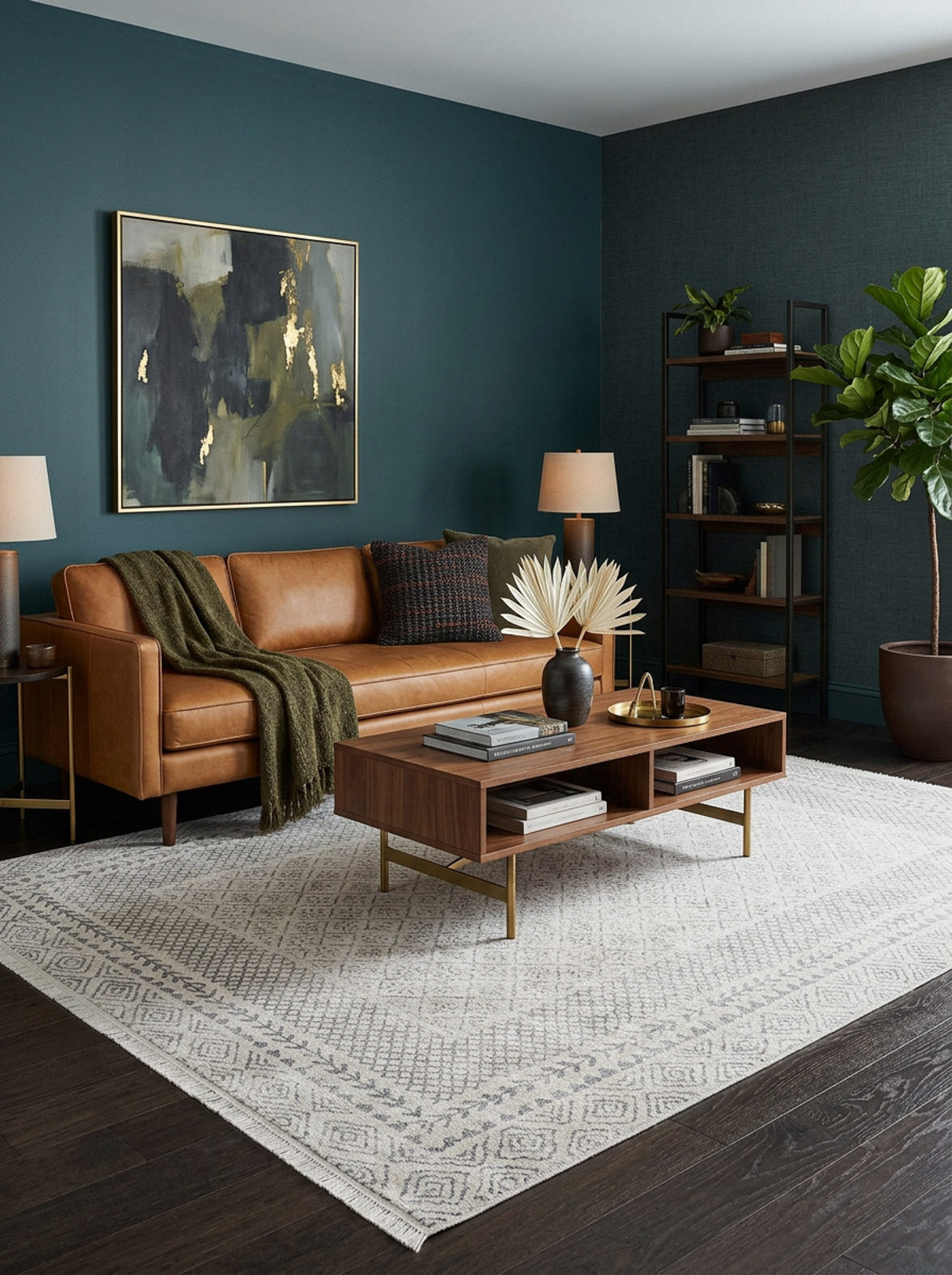 Off-white rug with a grey geometric diamond pattern and fringe, styled in a modern living room with a leather sofa.