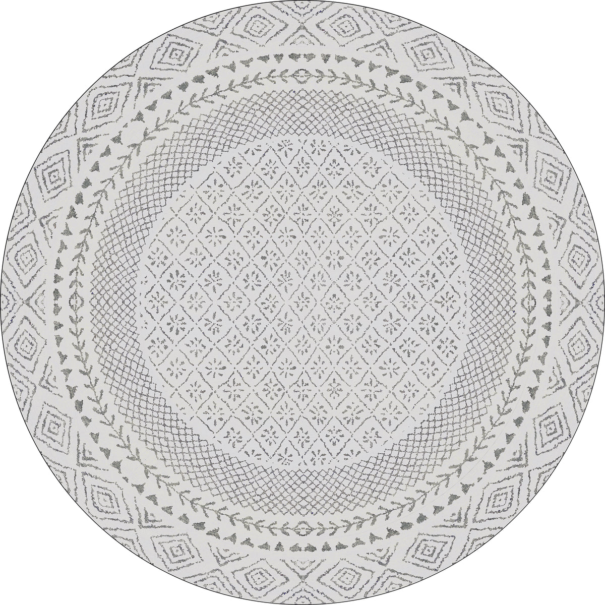 The Borderline Brilliance - Washable Rug - JR1987 is a round, gray and white rug with geometric and floral patterns in concentric rings—stylish, durable, and perfect for high-traffic areas.