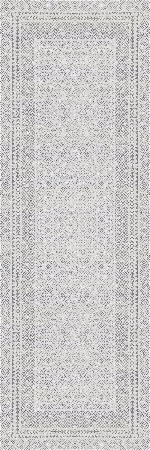 Load image 1 in gallery view. The Borderline Brilliance - Washable Rug - JR1987 is a rectangular, finely textured rug in light gray and white with an intricate geometric pattern and a detailed diamond and leaf border—ideal for high-traffic areas.