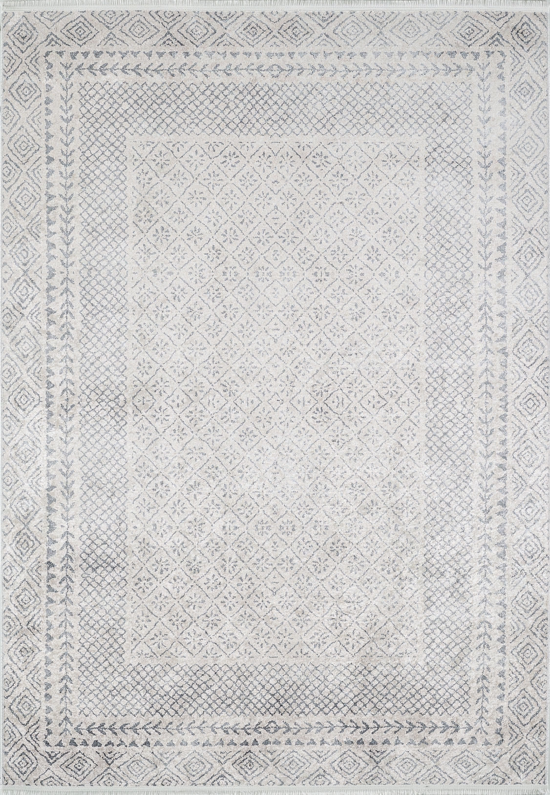 The Borderline Brilliance - Washable Rug - JR1987 (Custom Size) features a light-colored geometric diamond and floral pattern with a detailed border in white, gray, and light blue—ideal for high-traffic areas.