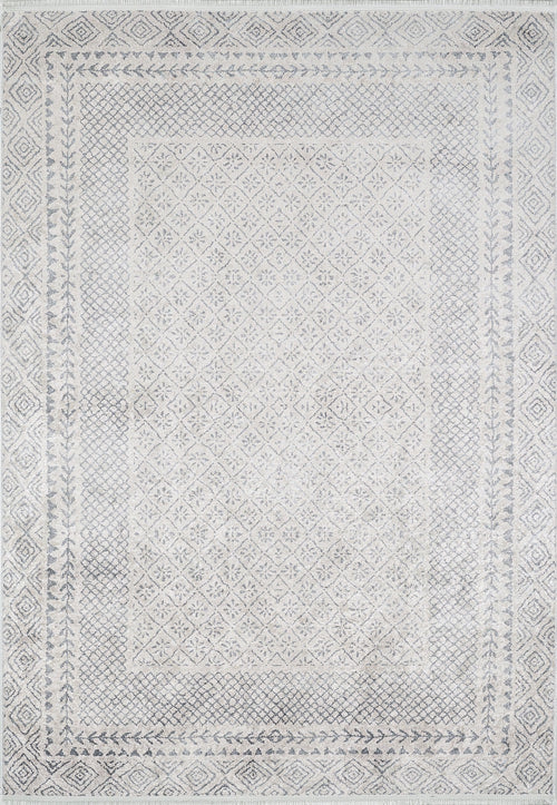 Load image 1 in gallery view. The Borderline Brilliance - Washable Rug - JR1987 (Custom Size) features a light-colored geometric diamond and floral pattern with a detailed border in white, gray, and light blue—ideal for high-traffic areas.