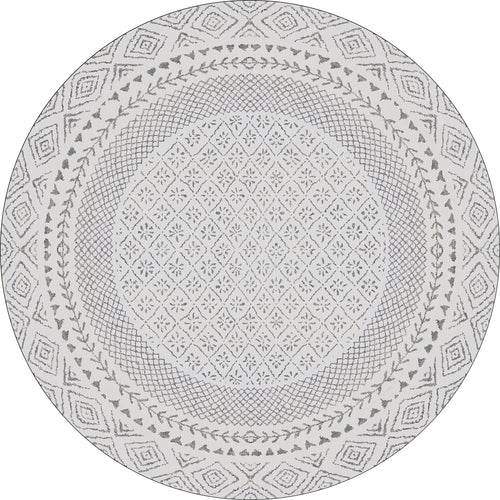 Load image 1 in gallery view. The Borderline Brilliance - Washable Rug - JR1987 (Custom Size) is a round, washable rug with gray and white geometric and floral patterns, a central diamond motif, decorative borders, and leafy accents—ideal for high-traffic areas.