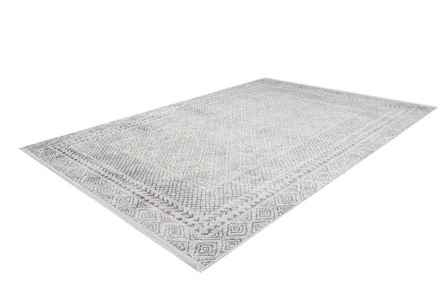 Load image 1 in gallery view. The Borderline Brilliance - Washable Rug - JR1987 (Custom Size) features a rectangular gray-anthracite design with intricate geometric and floral patterns in light gray and white, perfect for high-traffic areas and easy to clean, shown on a white background.